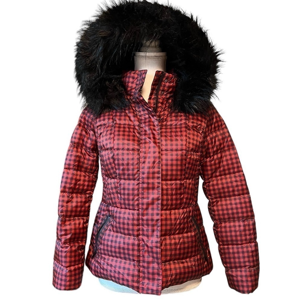 TALBOTS WOMENS BLACK AND RED CHECKERED PUFFER COAT SIZE SMALL PETITE